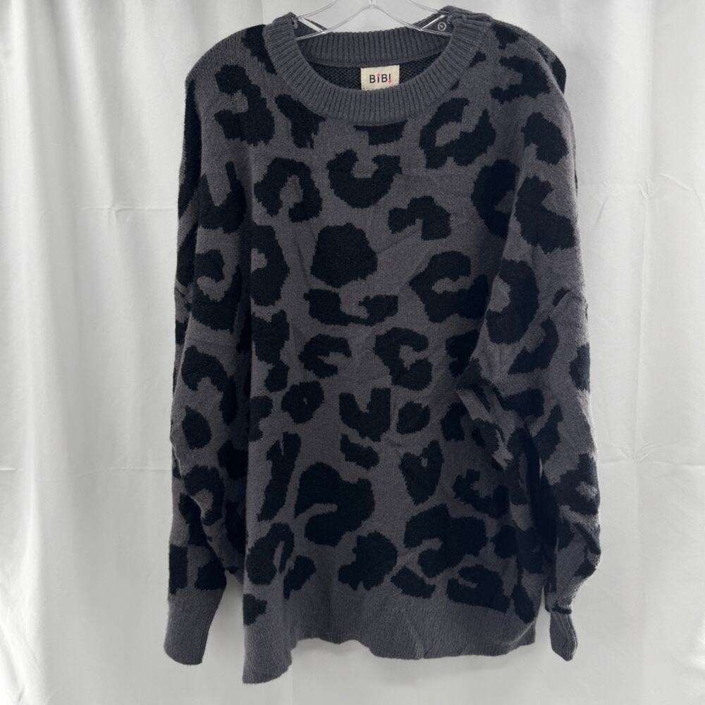 Bibi Leopard Print Crewneck Sweater Sz XL Gray Black Soft Fuzzy Oversized